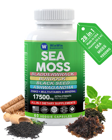 Organic Sea Moss 9000mg Bladderwrack 2000mg Burdock Black Seed Oil Ashwagandha Immune Energy Support Supplement with Multivitamin C D3 K2 Elderberry Manuka Dandelion Yellow Dock ACV