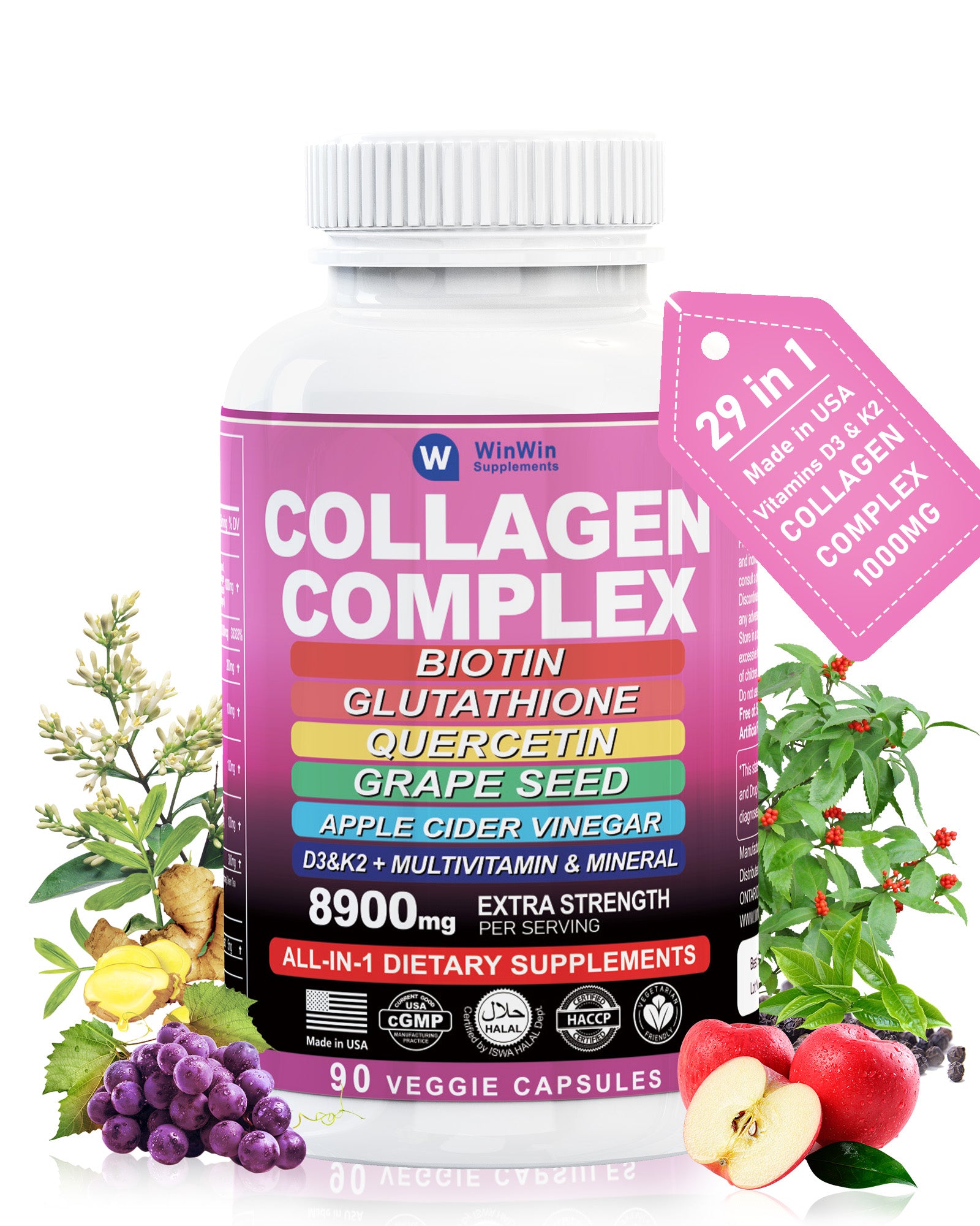 Collagen Complex 1000mg Type I, II, III, V, X Multi-Collagen Pills -Biotin 10000mcg Glutathione 200mg Quercetin 1000mg Grape seed extract 3000mg Apple cider vinegar 3000mg，90 capsules